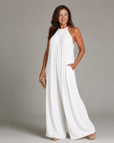 Silvia | Mono plisado con cuello halter, de pierna ancha y corte holgado
