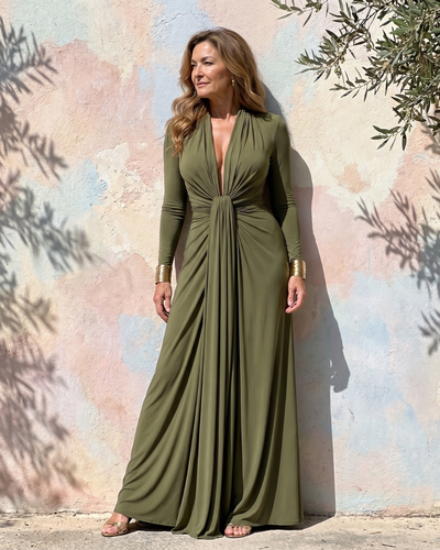 Viviana | Vestido maxi de manga larga con drapeado y escote en V profundo