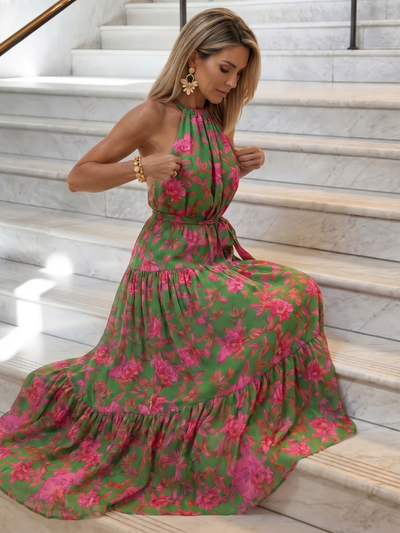 Rosa | Vestido midi drapeado con escote halter