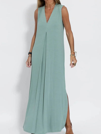 Vestido maxi sin mangas con escote en V y abertura, tallas grandes