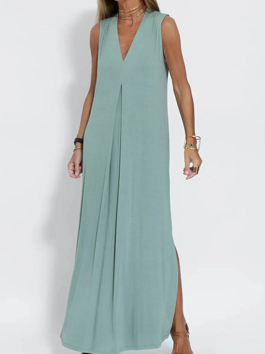 Vestido maxi sin mangas con escote en V y abertura, tallas grandes