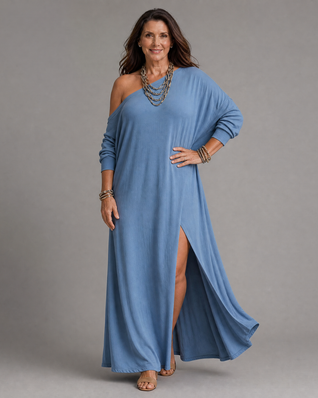 Estrella | Vestido midi fluido de un solo hombro con abertura lateral