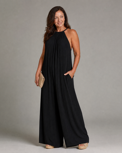 Silvia | Mono plisado con cuello halter, de pierna ancha y corte holgado
