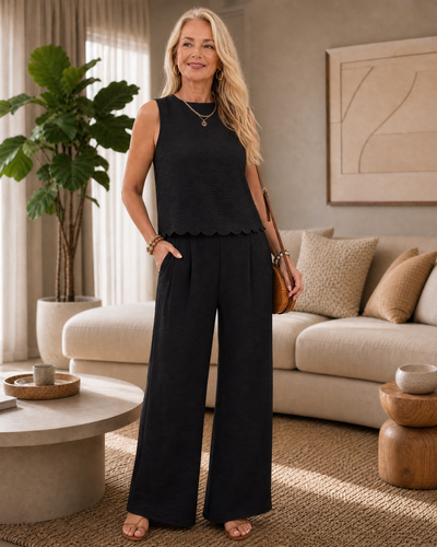 Avelina | Conjunto de top texturizado con lazo en la espalda y pantalones de pierna ancha