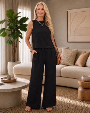 Avelina | Conjunto de top texturizado con lazo en la espalda y pantalones de pierna ancha