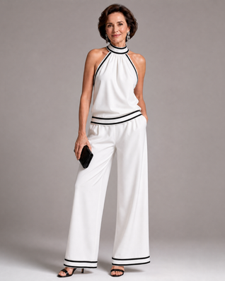 Zafira | Mono de pierna ancha con cuello halter y ribete en contraste