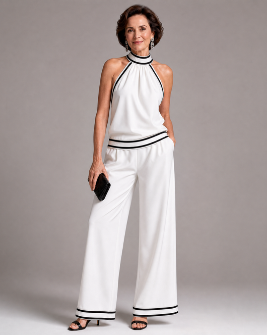 Zafira | Mono de pierna ancha con cuello halter y ribete en contraste