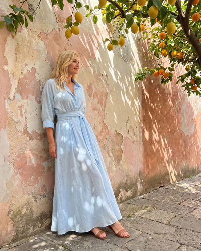 Zaida | Vestido midi con cinturón, cuello, manga larga y caída fluida