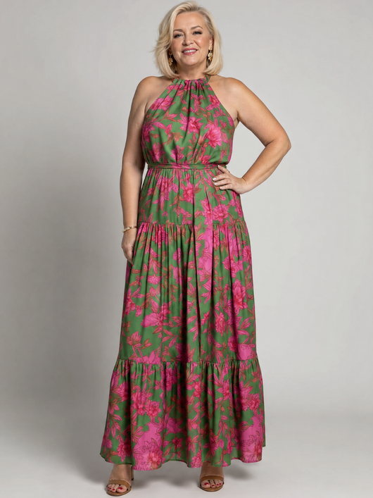 Rosa | Vestido midi drapeado con escote halter
