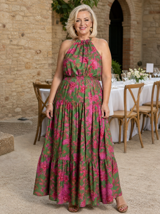 Rosa | Vestido midi drapeado con escote halter