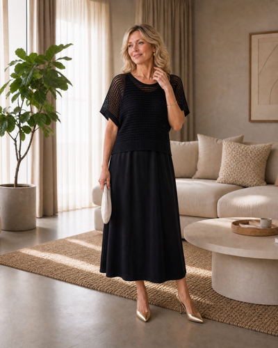 Soraya | Conjunto de top de punto calado y vestido midi fluido