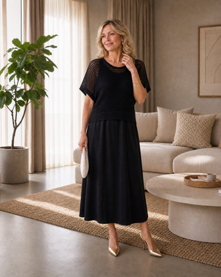 Soraya | Conjunto de top de punto calado y vestido midi fluido