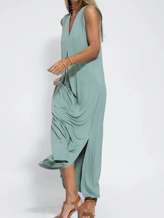 Vestido maxi sin mangas con escote en V y abertura, tallas grandes