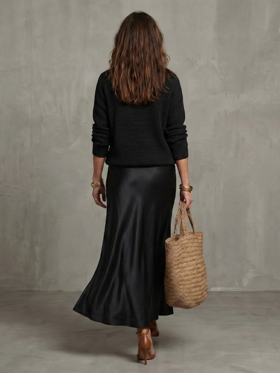 Luciana | Conjunto de falda satén sesgada para otoño con capas de punto