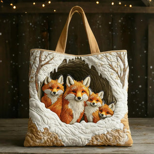 Familia de zorros acogedora | Bolso tote acolchado hecho a mano