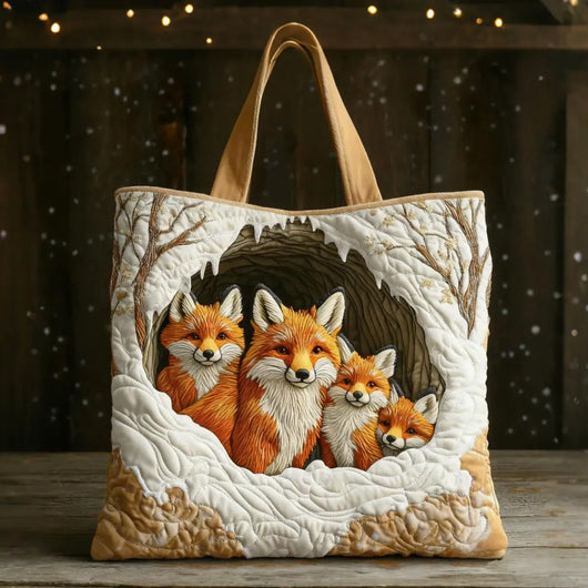 Familia de zorros acogedora | Bolso tote acolchado hecho a mano