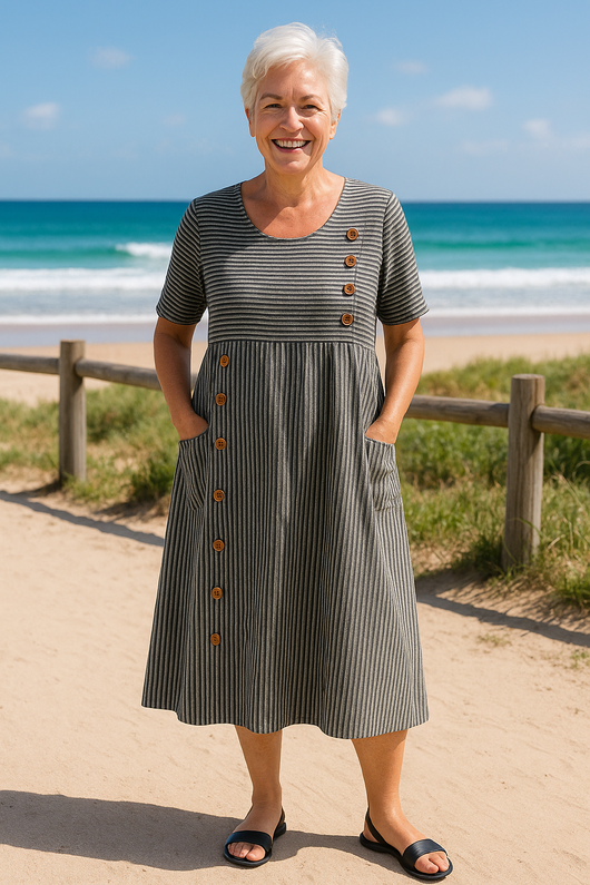 Brenda | Vestido midi a rayas: comodidad sin esfuerzo, confianza para el día a día