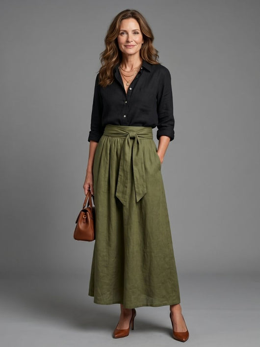 Vera | Conjunto de dos piezas con blusa negra y falda midi verde oliva