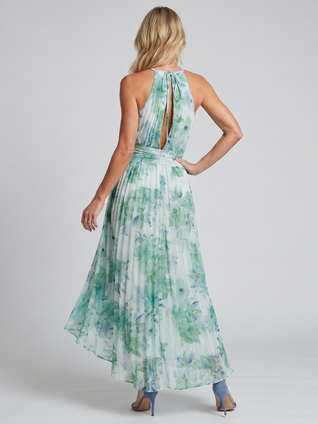 Portia | Vestido midi con cuello halter plisado y estampado floral
