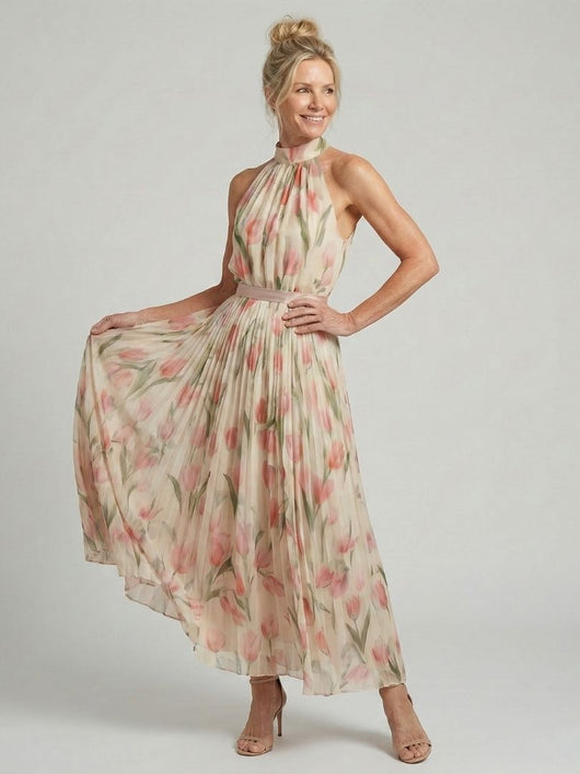 Aurea | Vestido midi floral con cuello halter