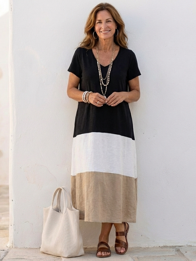 Thalia | Vestido midi de manga corta con escote en V y bloques de color