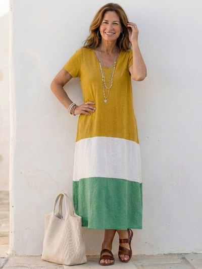 Thalia | Vestido midi de manga corta con escote en V y bloques de color