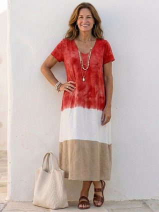 Thalia | Vestido midi de manga corta con escote en V y bloques de color
