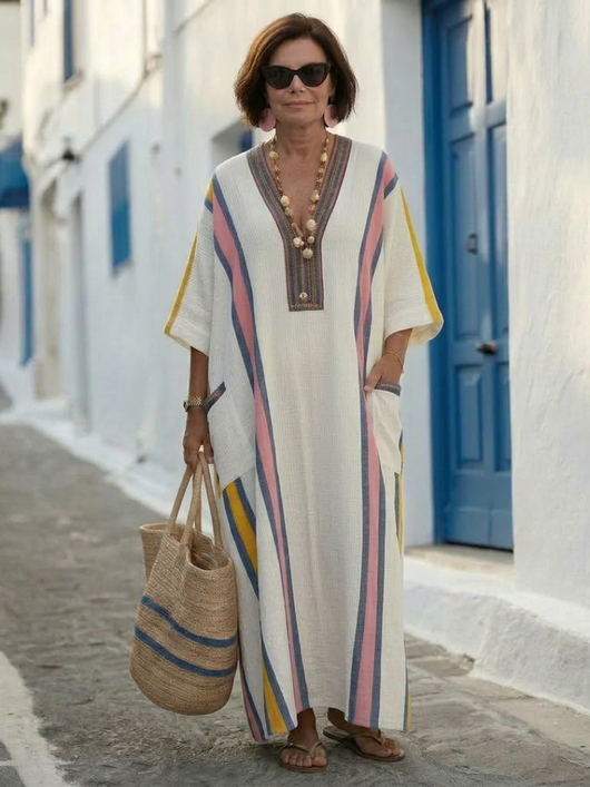 Noemi | Vestido maxi con escote en V, de manga corta y bolsillo
