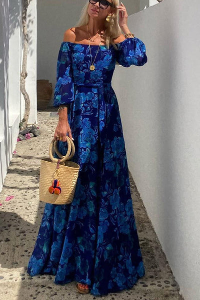 Luna™ | Vestido largo con estampado floral y mangas con hombros descubiertos