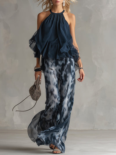 Ludovica - Elegante conjunto de gasa con top de cuello alto y pantalones anchos estampados