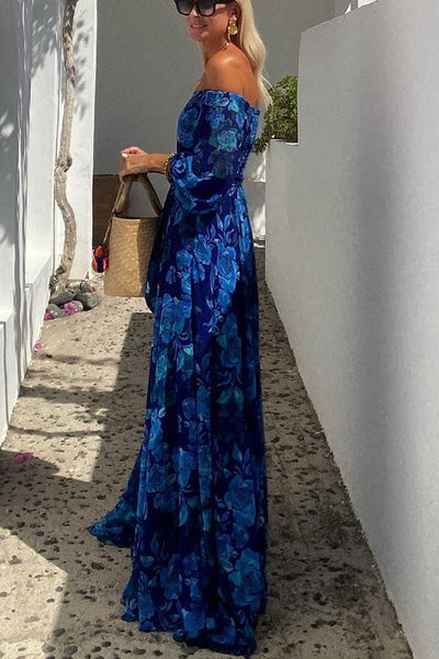 Luna™ | Vestido largo con estampado floral y mangas con hombros descubiertos