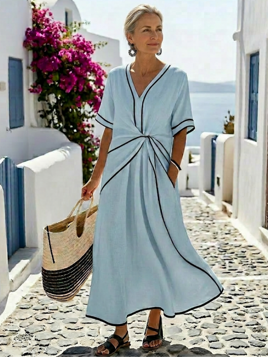 Lina | Escote en V manga corta cintura fruncida vestido midi