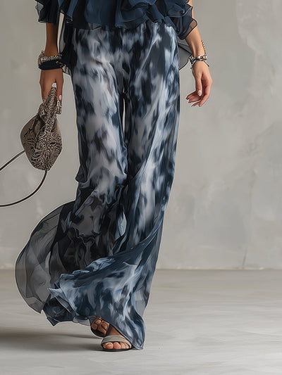 Ludovica - Elegante conjunto de gasa con top de cuello alto y pantalones anchos estampados