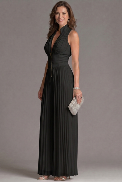 Zahira | Mono plisado de cuello halter con pierna ancha - Negro