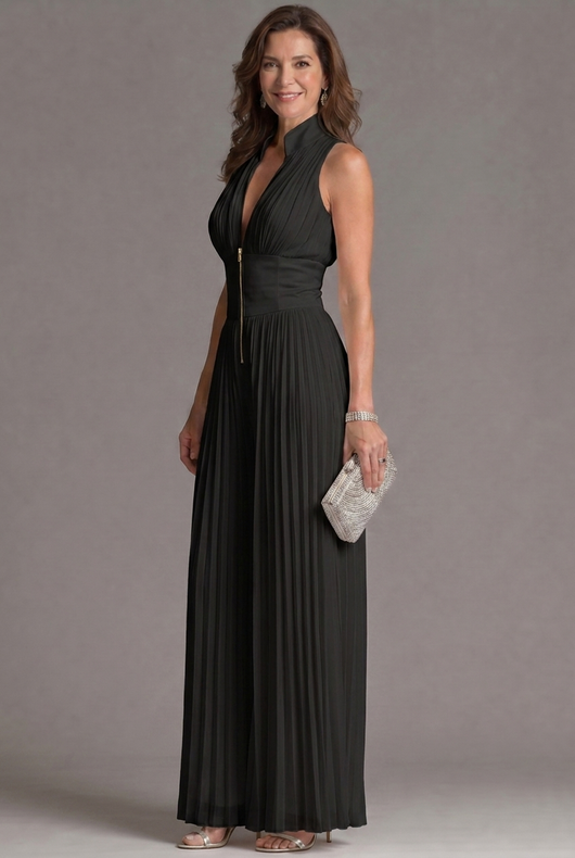 Zahira | Mono plisado de cuello halter con pierna ancha - Negro
