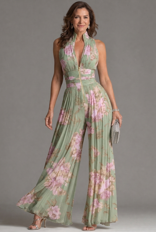 Zahira | Mono plisado de cuello halter con pierna ancha - Floral