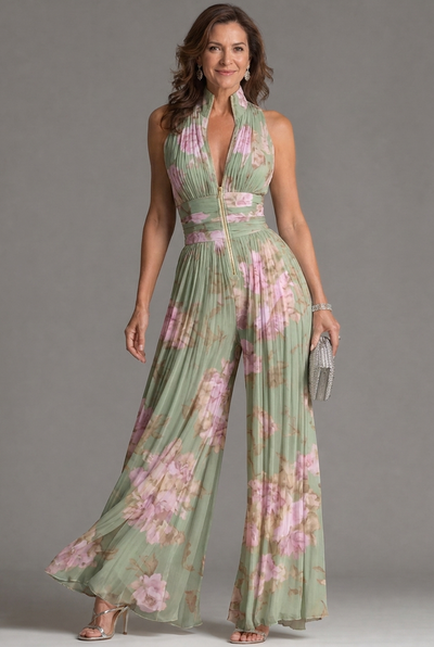 Zahira | Mono plisado de cuello halter con pierna ancha - Floral