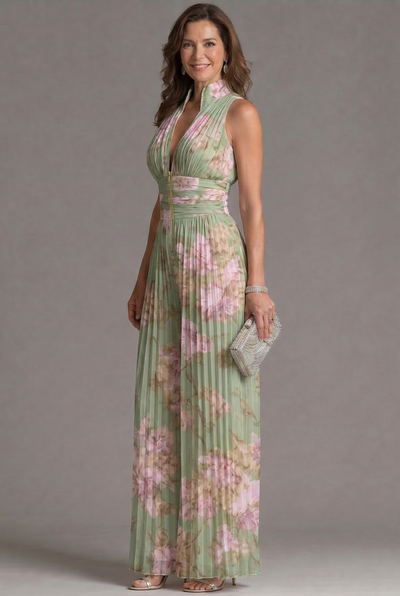 Zahira | Mono plisado de cuello halter con pierna ancha - Floral