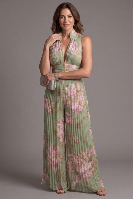 Zahira | Mono plisado de cuello halter con pierna ancha - Floral