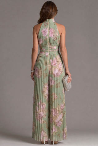 Zahira | Mono plisado de cuello halter con pierna ancha - Floral