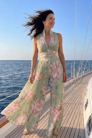 Zahira | Mono plisado de cuello halter con pierna ancha - Floral